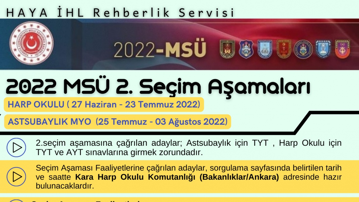 MSÜ 2022 Askeri Öğrenci Temini Aşamaları (27 Haziran-03 Ağustos 2022)