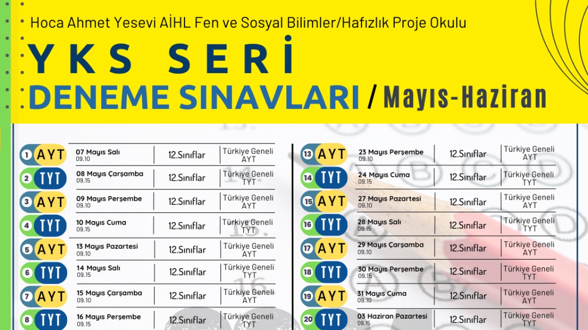 YKS Seri Deneme Sınavları/Mayıs-Haziran
